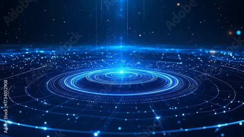 Abstract blue digital data stream with glowing circles and grid pattern animation