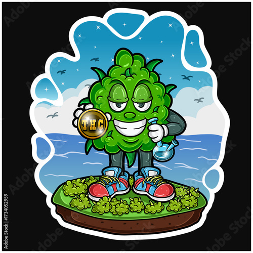 Weed bud enjoy the island Holding a bong and Island backgrounds cartoon.