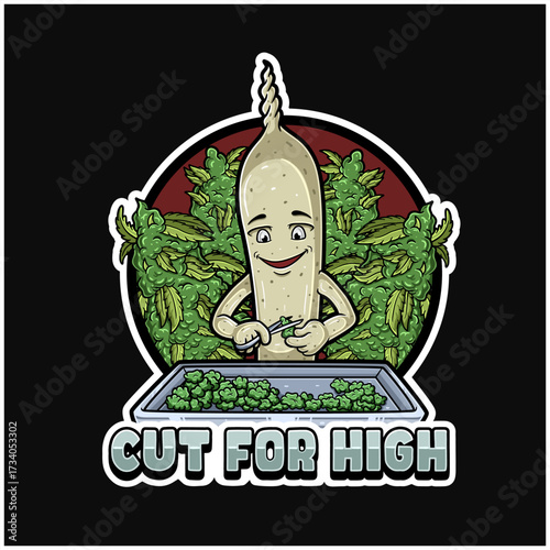 Cigarette cartoon cutting the cannabis and weed bud background.
