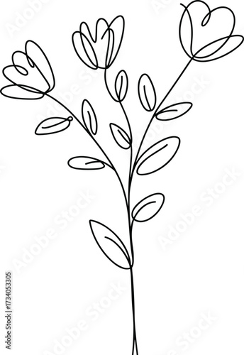 Minimalist single line drawing of a flowering plant with leaves Keywords: flower, plant, stem