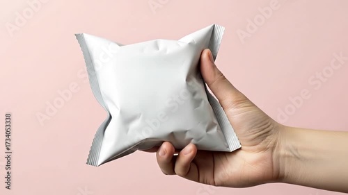 A close-up view of a persons right hand holding a blank white square foil pouch against a solid light pink background