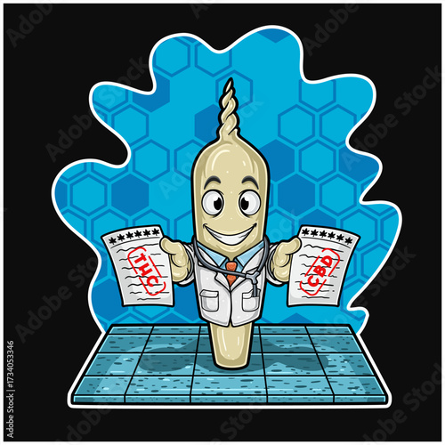Doctor cigarette cartoon holding papers and blue hexagon backgrounds