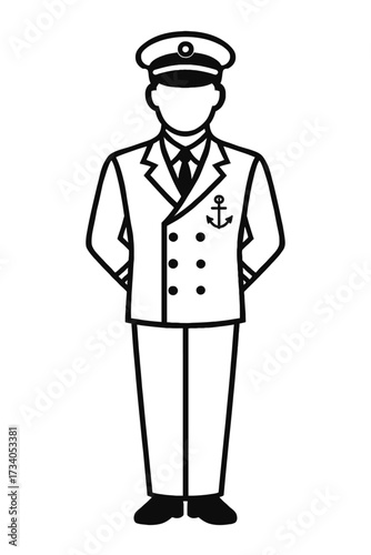 Minimal Outline Full Body Sea Captain Icon Vector - Professional Nautical Officer Graphic Symbol in Uniform