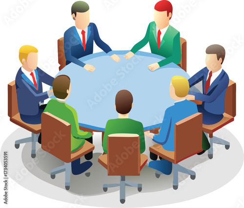 Isometric illustration of business professionals engaged in discussion around a conference table.