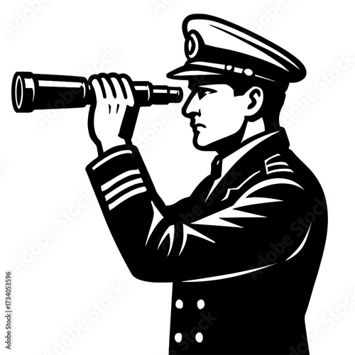 Classic Naval Captain with Spyglass Icon Vector Illustration - Mariner Searching Graphic Symbol for Transport and Exploration