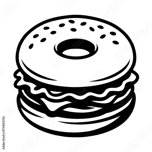 Simple Outline Bagel Sandwich Icon Vector - Classic Graphic Symbol for Breakfast, Deli, and Catering Menu Design
