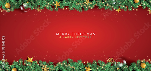 Christmas decoration with fir branches and golden glitter confetti and sparkles of lights on Red background. Bright Christmas and New Year design holiday frame. Vector illustration