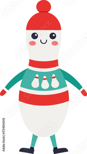 Cartoon character with a red hat and green sweater, smiling cheerfully against a simple background.