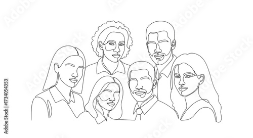 Continuous line drawing of a group of people, teamwork concept, minimal art, portrait, vector illustration