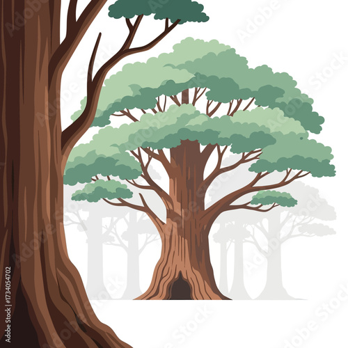 Stylized illustration of a large, ancient tree with green foliage and a hollow trunk, set in a forest with other trees in the background, on a white backdrop.