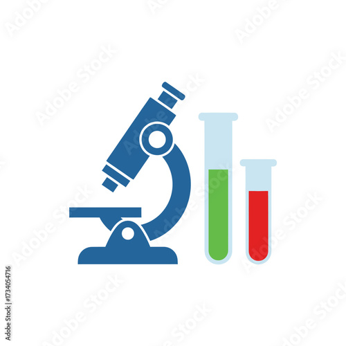 Scientific research icon with a blue microscope and two test tubes containing colorful liquids.