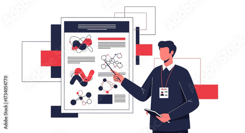 Professional presentation with abstract charts and graphs displayed by presenter