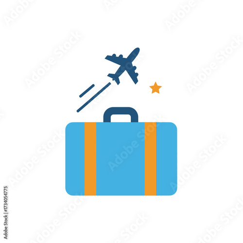 A blue suitcase with orange accents sits below a stylized airplane taking off with a star.