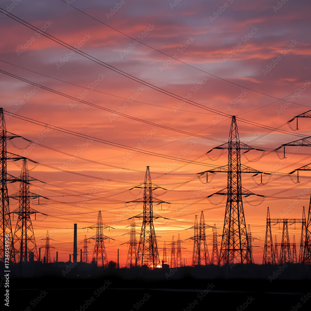 Fototapeta premium A dramatic sunset with a vibrant orange and red sky, silhouetting numerous towering electricity pylons and power lines, with industrial structures faintly visible on the horizon