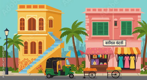 Vibrant indian street scene with colorful buildings and an auto rickshaw passing by