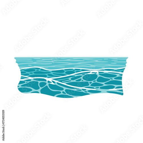 A stylized illustration of clear blue water with gentle waves and sunlight reflecting on the surface.