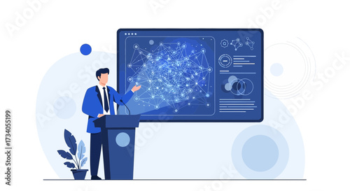 Professional speaker presenting complex data analysis on modern interactive screen