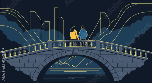 Romantic evening stroll illustration: Couple holding hands on a bridge at night with city skyline