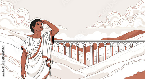 Roman citizen surveys vast landscape with impressive aqueduct in background illustration