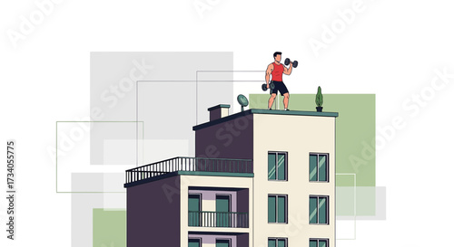 Rooftop workout vector illustration of a man lifting weights on a building exercising under the