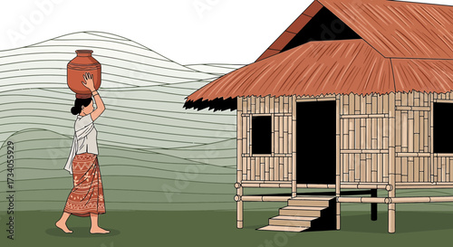 Rural life illustration: Woman carrying water near a traditional bamboo house evokes peaceful