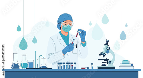 Scientist Analyzing Blood Sample in Laboratory Setting Illustration with Modern Design and