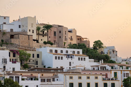Traditional Mediterranean Houses in Ibiza Old Town at Sunset