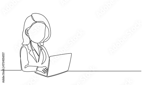 Woman with laptop computer in one continuous line drawing. Symbol of businesswoman and female student.vector illustration eps10