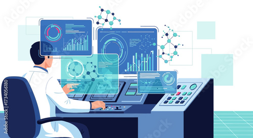 Scientist analyzing data with advanced technology in a futuristic laboratory setting