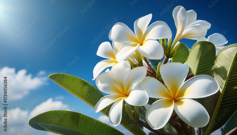 Naklejka premium White Plumeria Frangipani Flowers Blooming Against Blue Sky