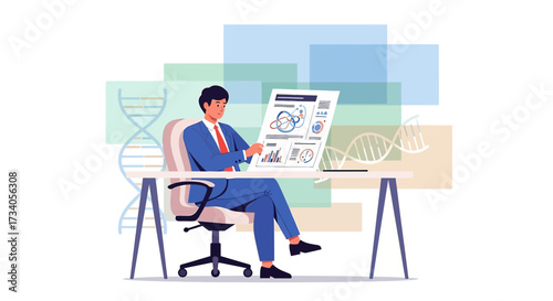 Scientist analyzing medical data in a research lab setting with DNA background elements