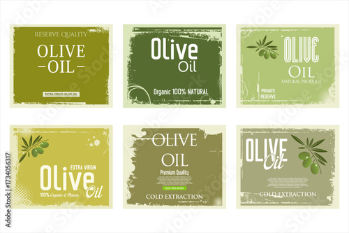 Olive oil retro green color label background grunge collection. Vector packaging design layout with Olives branch 
