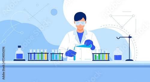 Scientist conducting experiment in laboratory with test tubes and chemical solutions