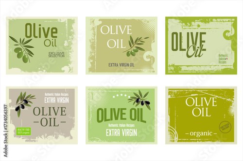 Olive oil retro green color label background grunge collection. Vector packaging design layout with Olives branch 