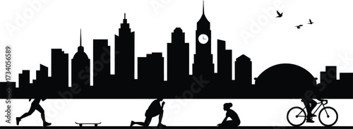 Cityscape Silhouette People Exercising Running Skateboarding Biking