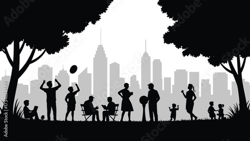 Silhouette Park Activity Day City Skyline People Enjoying Outdoors Lifestyle