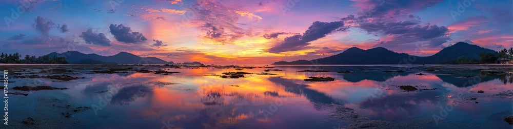 Obraz premium Vivid panoramic sunset landscape reflecting on water with silhouetted islands