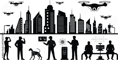Futuristic Smart City People Silhouettes Drones Vector Design