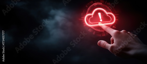 Professional hand touching glowing holographic cloud storage icon with red warning alerts, data leak and cyber threat visualization, futuristic high-tech UI in cinematic corporate style