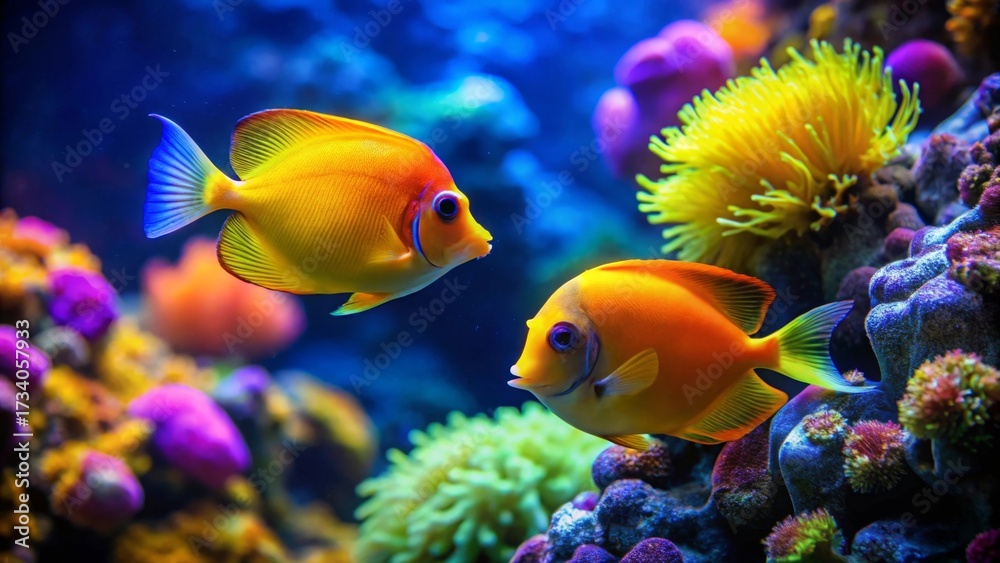 Fototapeta premium Vibrant orange fish gracefully swim amidst a breathtaking coral reef, showcasing the beauty of underwater life and the vibrant colors of a flourishing ecosystem.