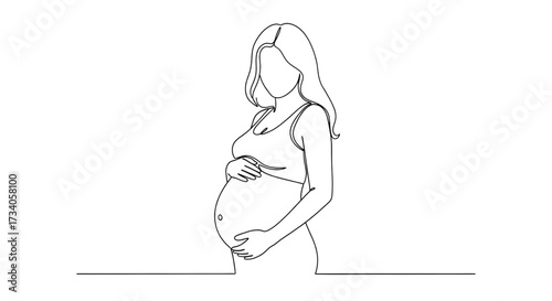 Continuous line drawing of pregnant woman. Single line illustration of expecting mother silhouette. Maternity and motherhood concept in continuous line art