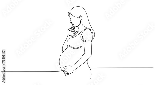 Continuous line drawing of pregnant woman. Single line illustration of expecting mother silhouette. Maternity and motherhood concept in continuous line art