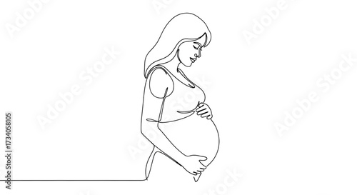 Continuous line drawing of pregnant woman. Single line illustration of expecting mother silhouette. Maternity and motherhood concept in continuous line art