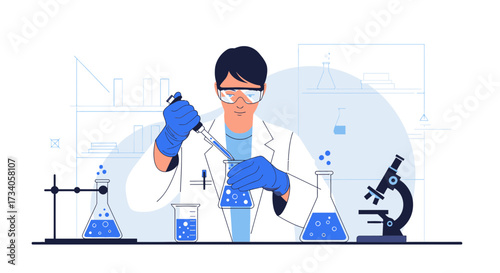 Scientist conducting research in a laboratory with scientific instruments and glassware concept