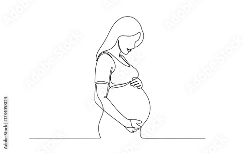 Continuous line drawing of pregnant woman. Single line illustration of expecting mother silhouette. Maternity and motherhood concept in continuous line art
