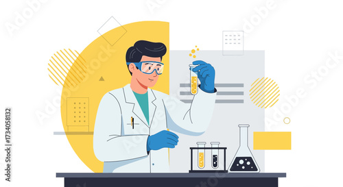 Scientist conducting research in a laboratory with test tubes and lab equipment illustration