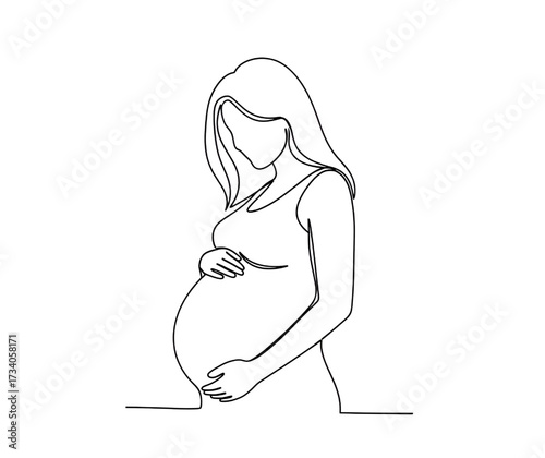 Continuous line drawing of pregnant woman. Single line illustration of expecting mother silhouette. Maternity and motherhood concept in continuous line art
