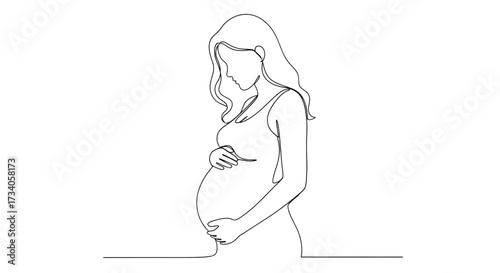Continuous line drawing of pregnant woman. Single line illustration of expecting mother silhouette. Maternity and motherhood concept in continuous line art