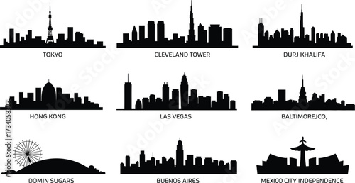 City Skylines Silhouette Set Vector Illustration