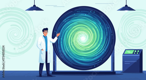 Scientist Explaining Interdimensional Portal Concept Illustration in Laboratory setting